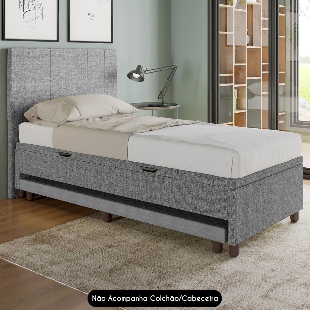 Bicama Box Baú Solteiro 88x188 cm Samy S05 Linho Cinza - Mpozenato