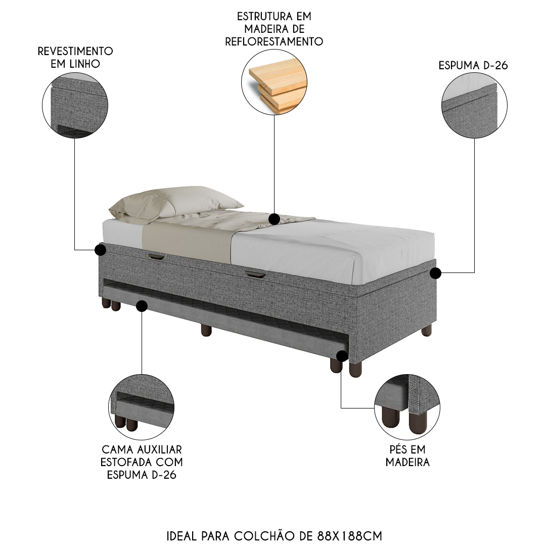 Bicama Box Baú Solteiro 88x188 cm Samy S05 Linho Cinza - Mpozenato