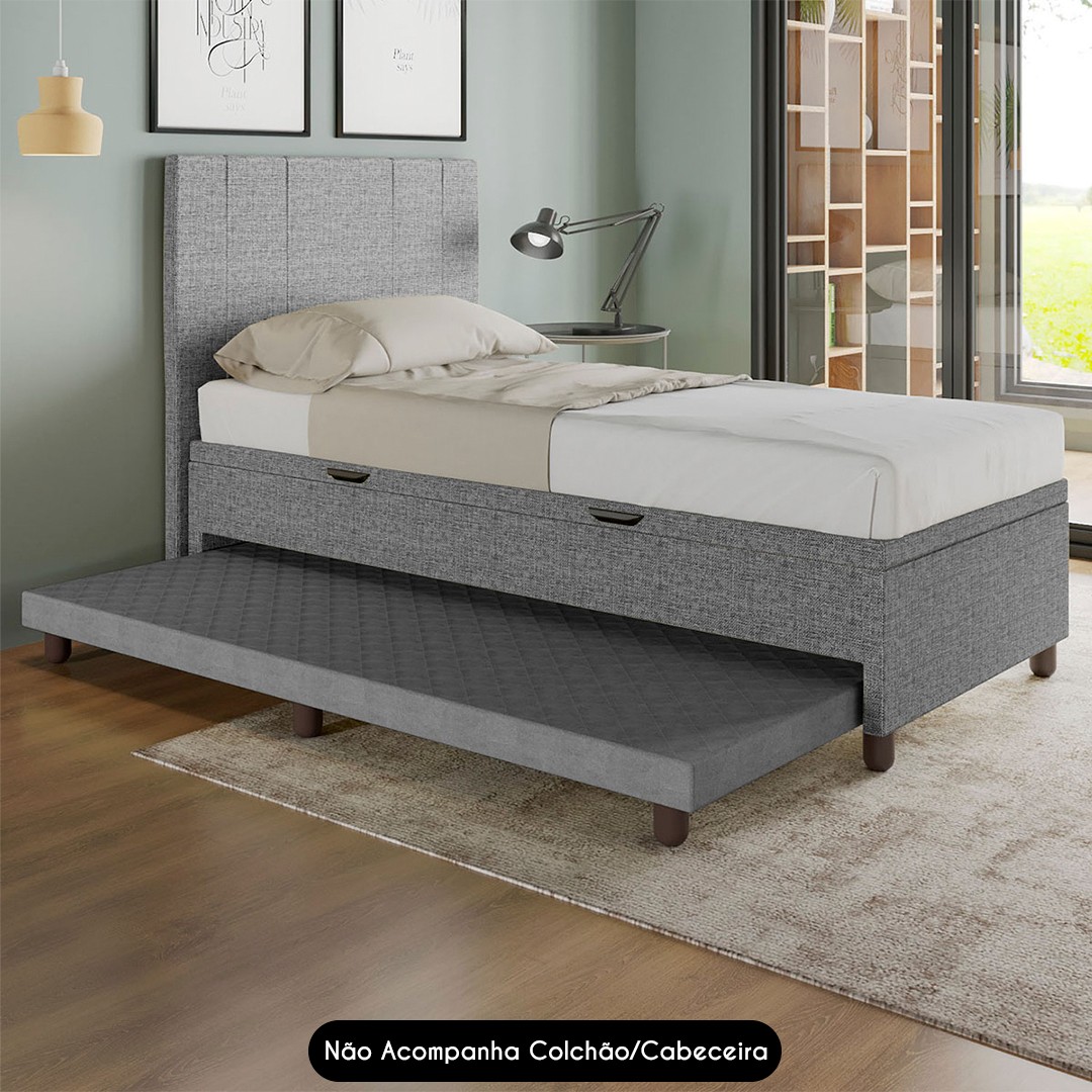Bicama Box Baú Solteiro 88x188 cm Samy S05 Linho Cinza - Mpozenato