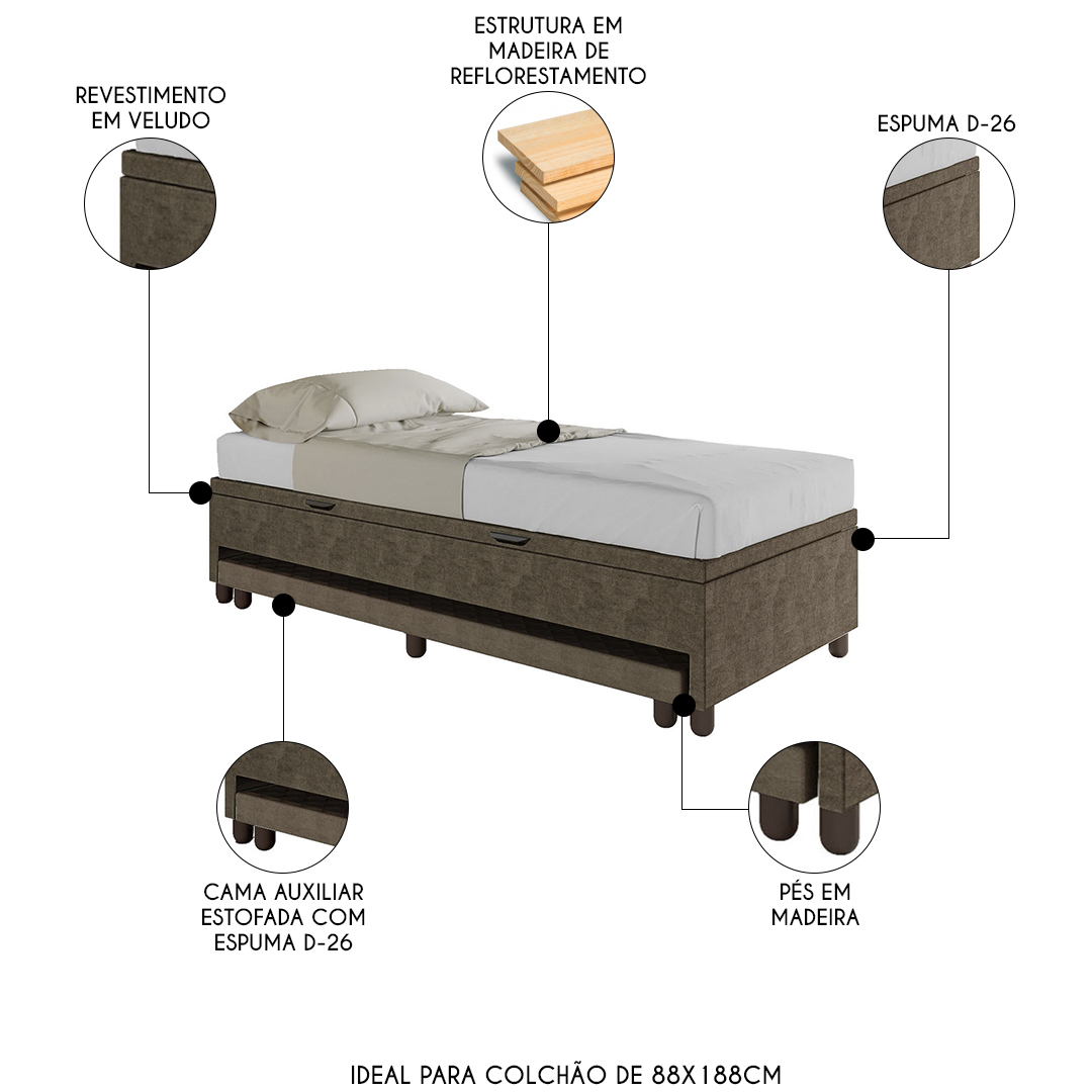 Bicama Box Baú Solteiro 88x188 cm Samy S05 Veludo Marrom - Mpozenato