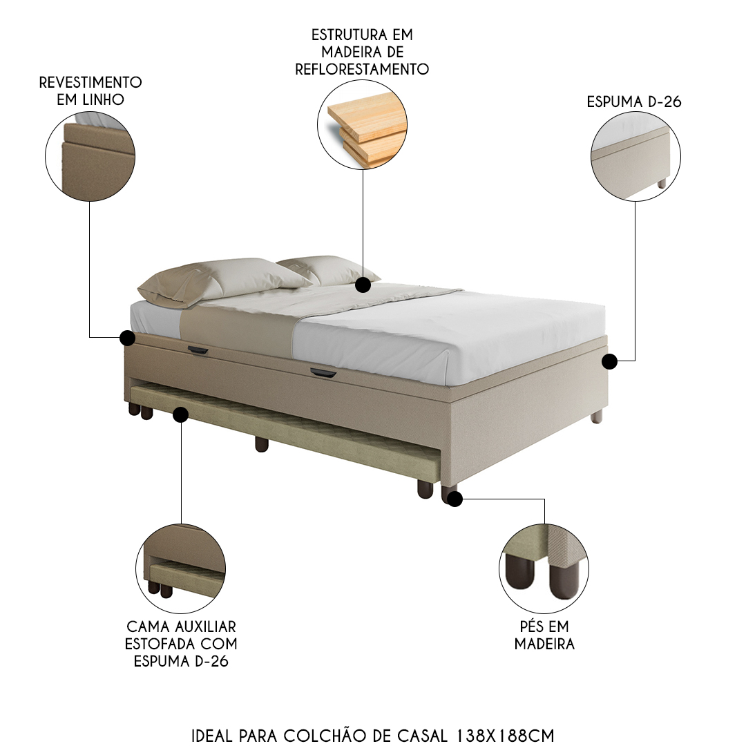 Bicama Casal Box com Baú 138x188cm Samy S05 Linho Bege - Mpozenato