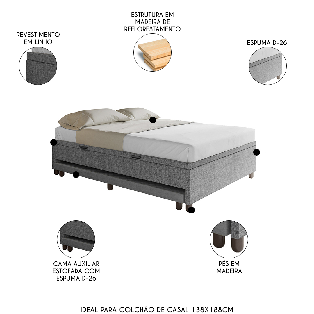 Bicama Casal Box com Baú 138x188cm Samy S05 Linho Cinza - Mpozenato