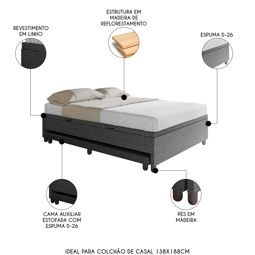 Bicama Casal Box com Baú 138x188cm Samy S05 Linho Preto - Mpozenato