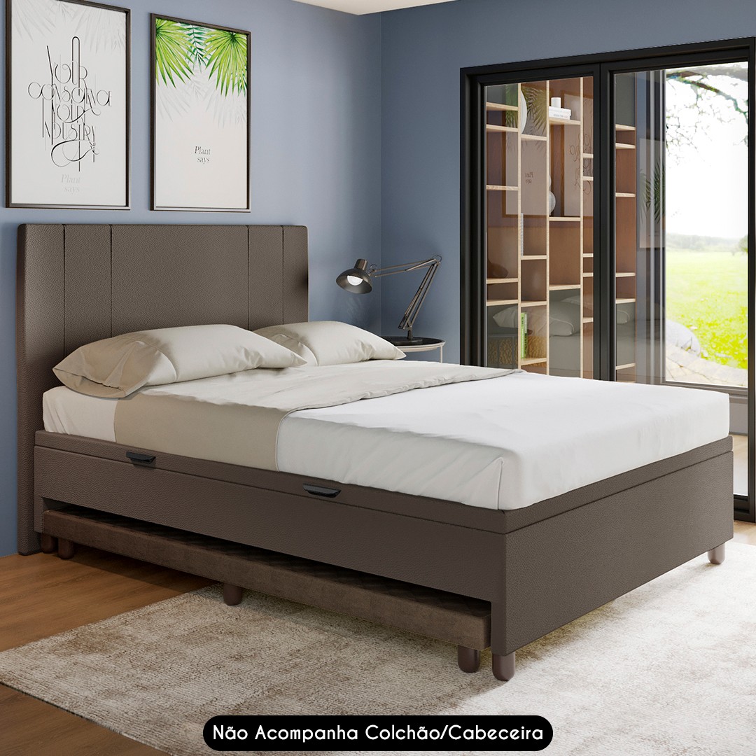 Bicama Casal Box com Baú 138x188cm Samy S05 Sintético Marrom - Mpozenato