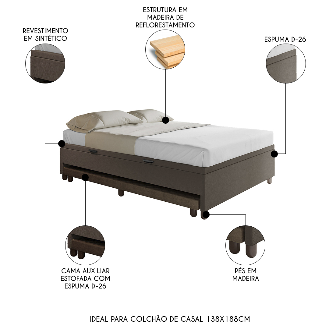 Bicama Casal Box com Baú 138x188cm Samy S05 Sintético Marrom - Mpozenato