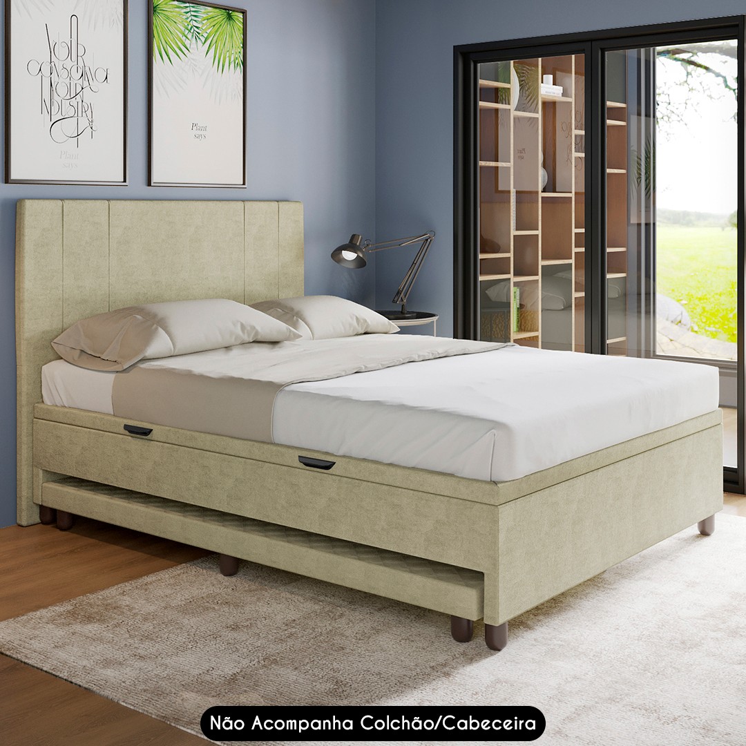 Bicama Casal Box com Baú 138x188cm Samy S05 Veludo Bege - Mpozenato
