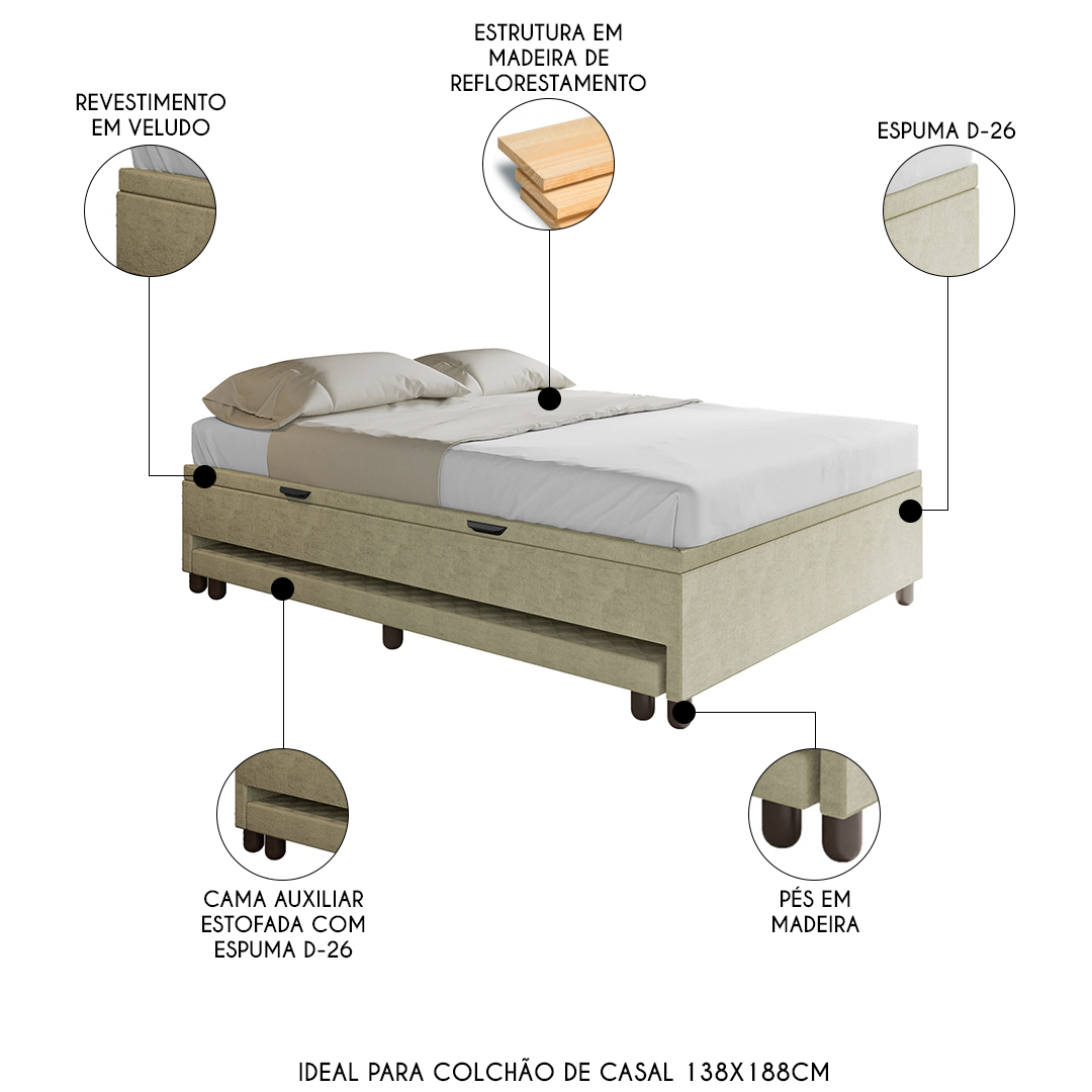 Bicama Casal Box com Baú 138x188cm Samy S05 Veludo Bege - Mpozenato