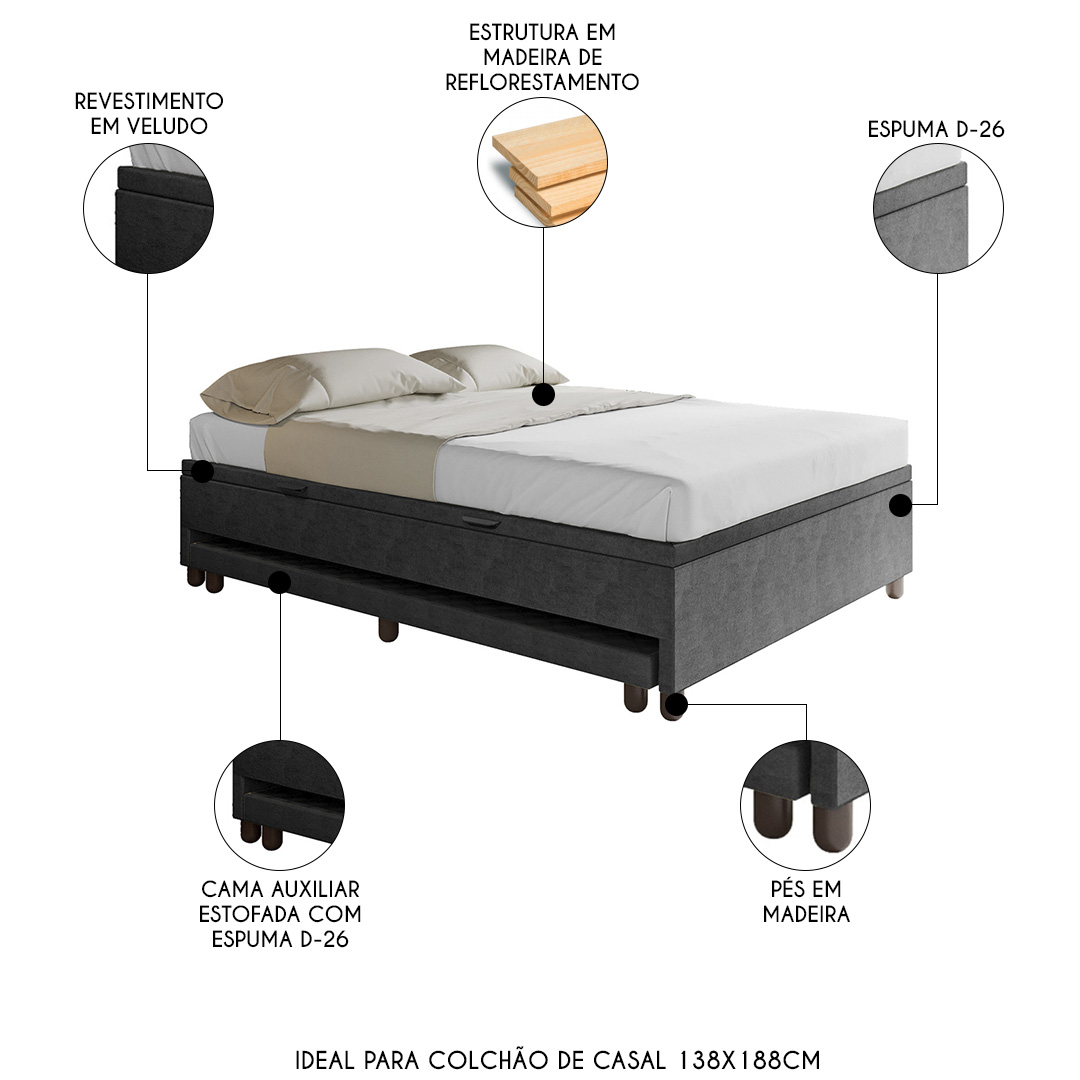 Bicama Casal Box com Baú 138x188cm Samy S05 Veludo Preto - Mpozenato