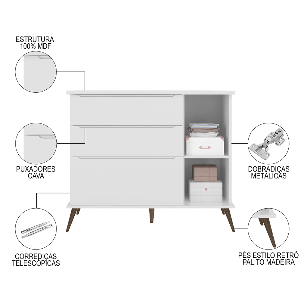 Cômoda Infantil 1 Porta 3 Gavetas 100% MDF Pés Retrô Mel P04 Branco - Mpozenato