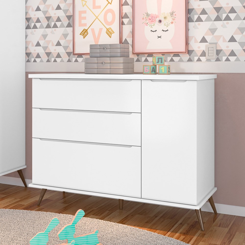 Cômoda Infantil 1 Porta 3 Gavetas 100% MDF Pés Retrô Mel P04 Branco - Mpozenato