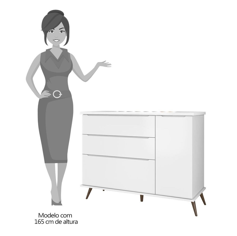 Cômoda Infantil 1 Porta 3 Gavetas 100% MDF Pés Retrô Mel P04 Branco - Mpozenato