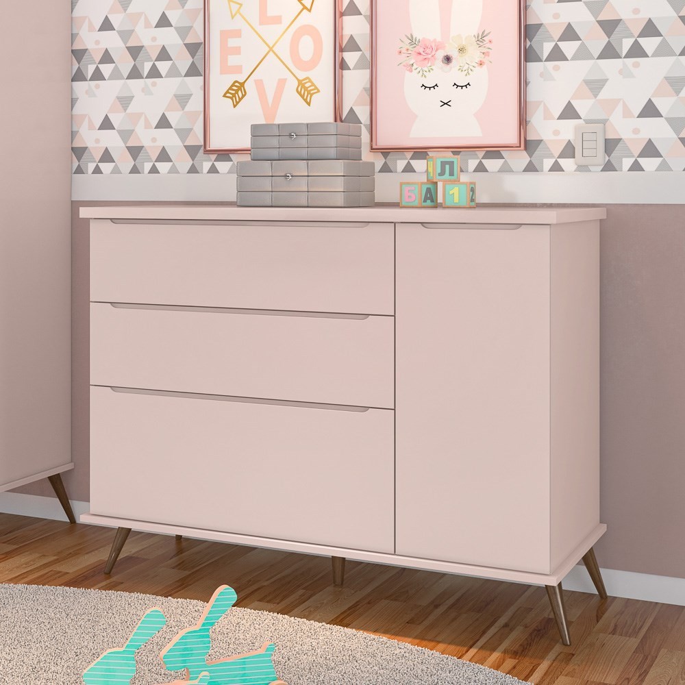 Cômoda Infantil 1 Porta 3 Gavetas 100% MDF Pés Retrô Mel P04 Rosê - Mpozenato