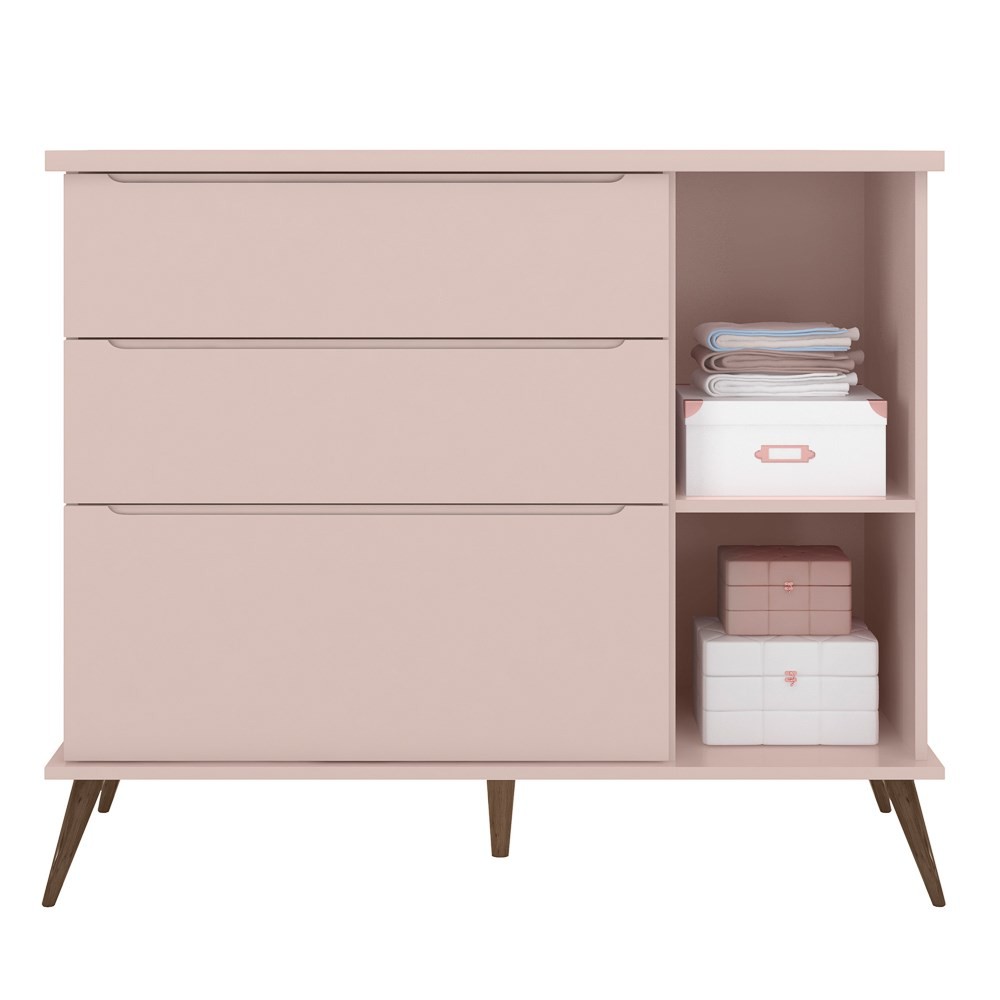 Cômoda Infantil 1 Porta 3 Gavetas 100% MDF Pés Retrô Mel P04 Rosê - Mpozenato