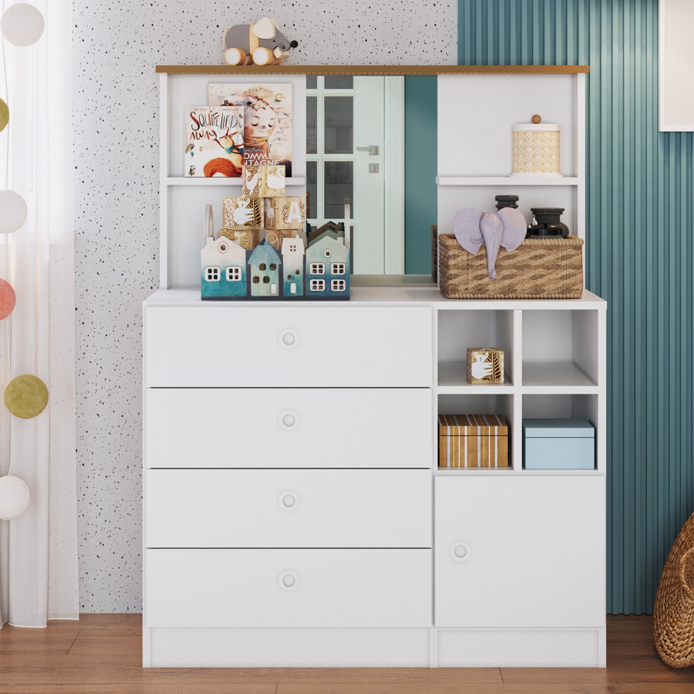 Cômoda Infantil 1 Porta 4 Gavetas Com Espelho House A05 Branco - Mpozenato