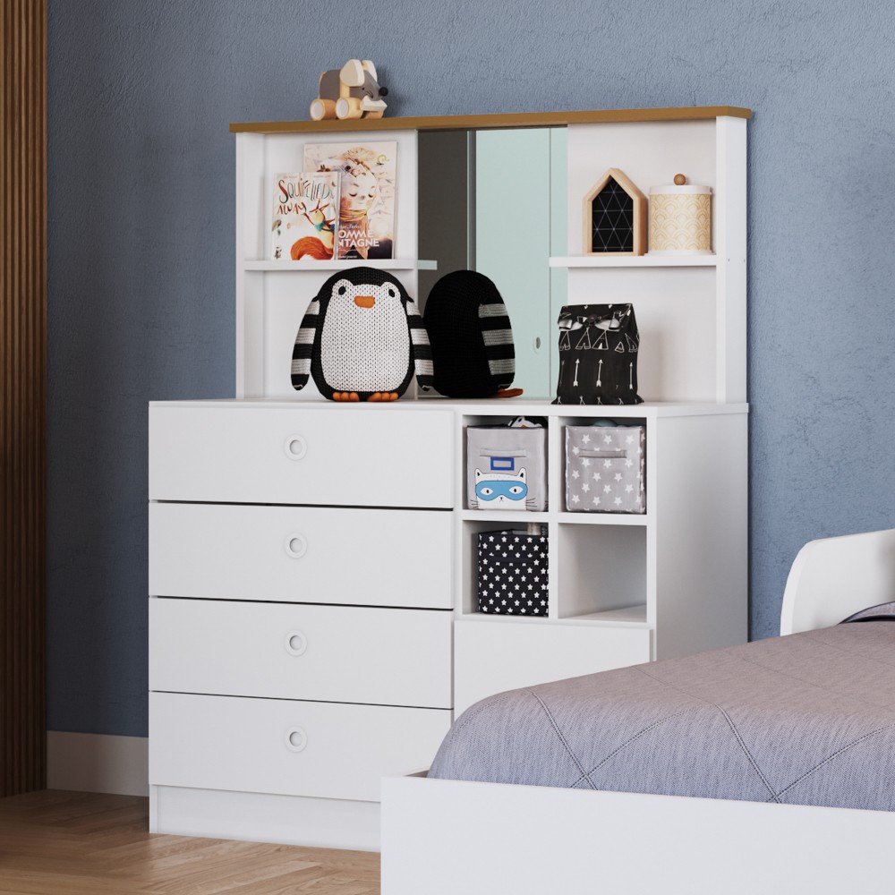Cômoda Infantil 1 Porta 4 Gavetas Com Espelho House A05 Branco - Mpozenato