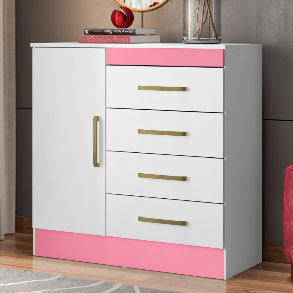 Cômoda Para Quarto  Flex 1 Porta 4 Gavetas Montevideu D02 Branco/Rosa/Branco - Mpozenato