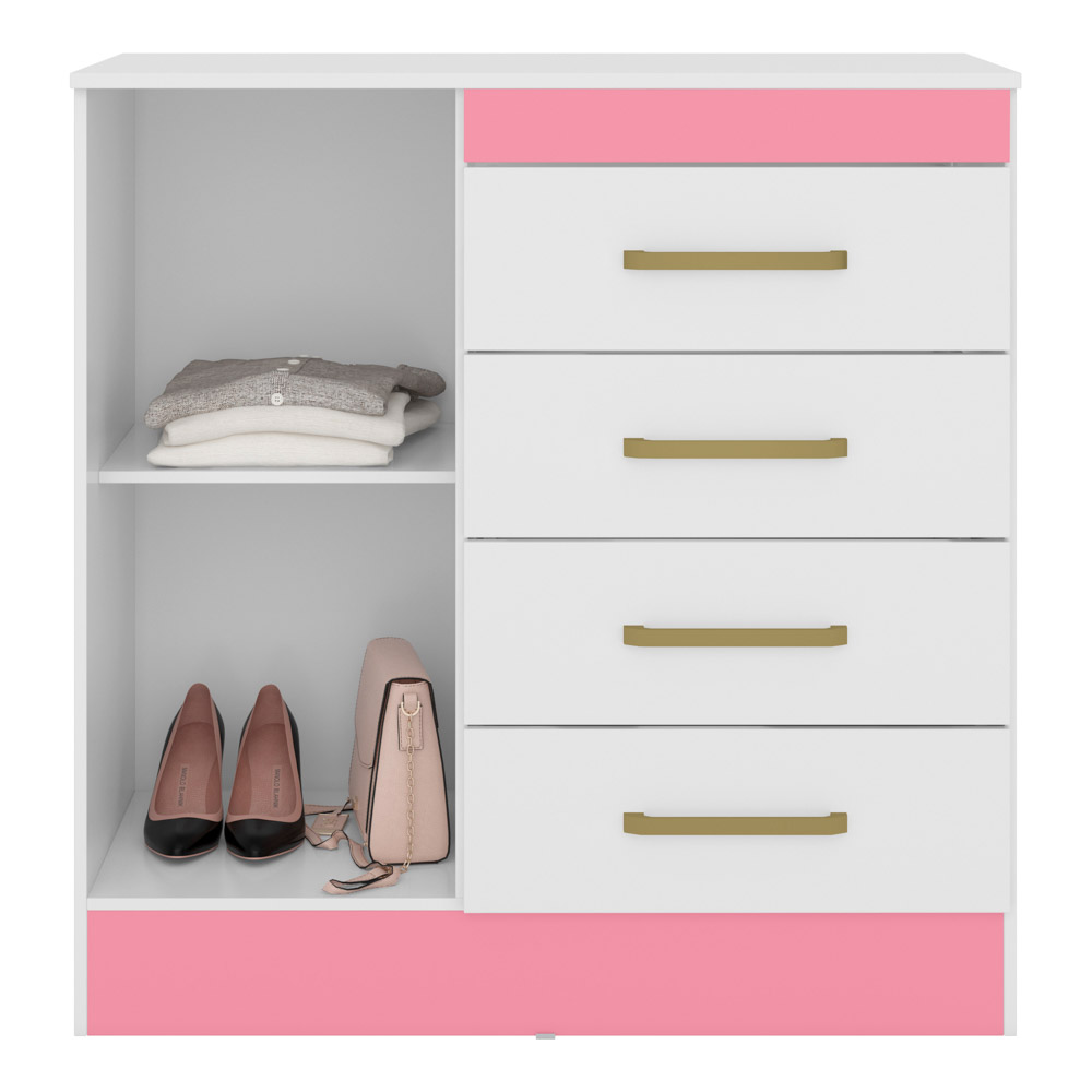 Cômoda Para Quarto  Flex 1 Porta 4 Gavetas Montevideu D02 Branco/Rosa/Branco - Mpozenato