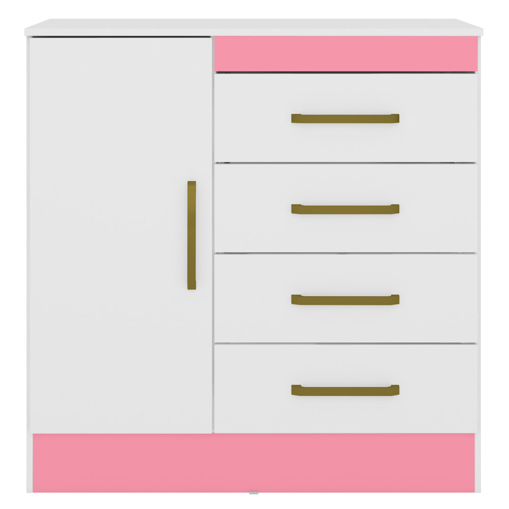 Cômoda Para Quarto  Flex 1 Porta 4 Gavetas Montevideu D02 Branco/Rosa/Branco - Mpozenato