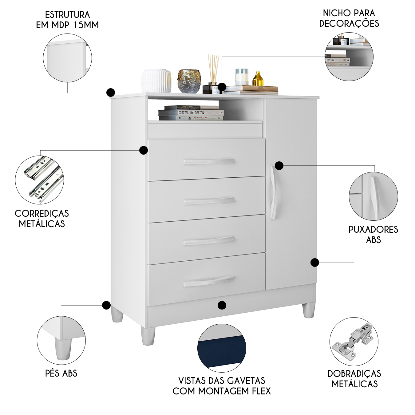Cômoda Para Quarto 1 Porta 84cm Franci Flex A02 Branco - Mpozenato