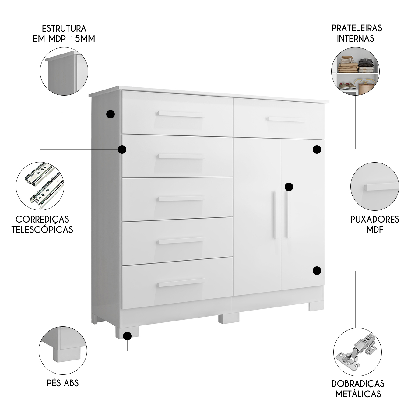 Cômoda Para Quarto 2 Portas 124cm Ester A02 Branco - Mpozenato