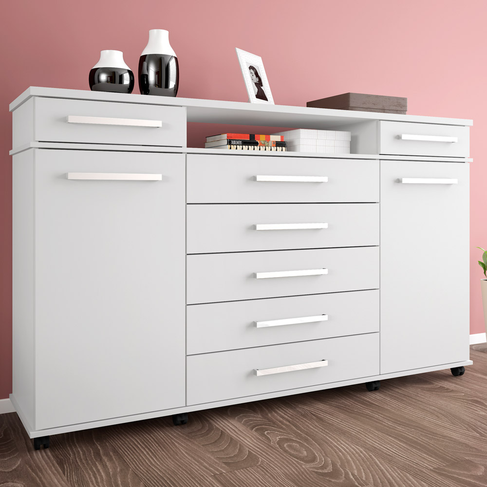 Cômoda Para Quarto 2 Portas 7 Gavetas London D02 Branco - Mpozenato