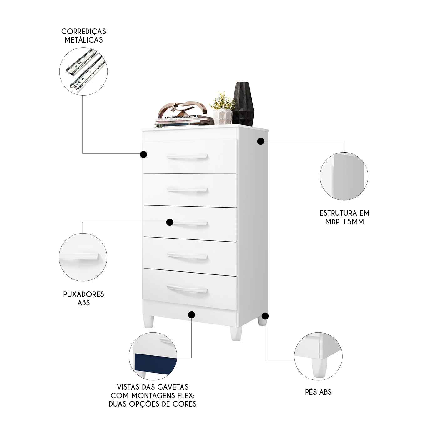 Cômoda Para Quarto 5 Gavetas 56cm Thais Flex A02 Branco - Mpozenato