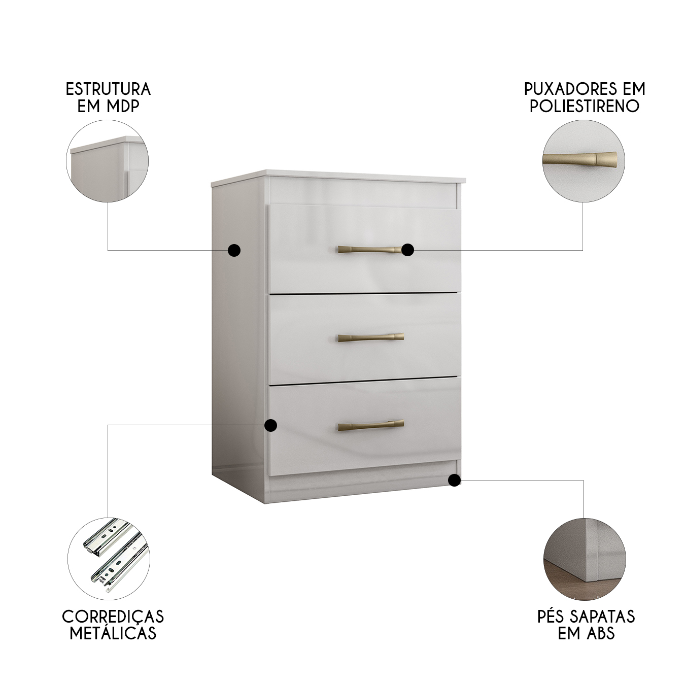 Cômoda Para Quarto 61cm Com 3 Gavetas Nida Branco Z17        - Mpozenato