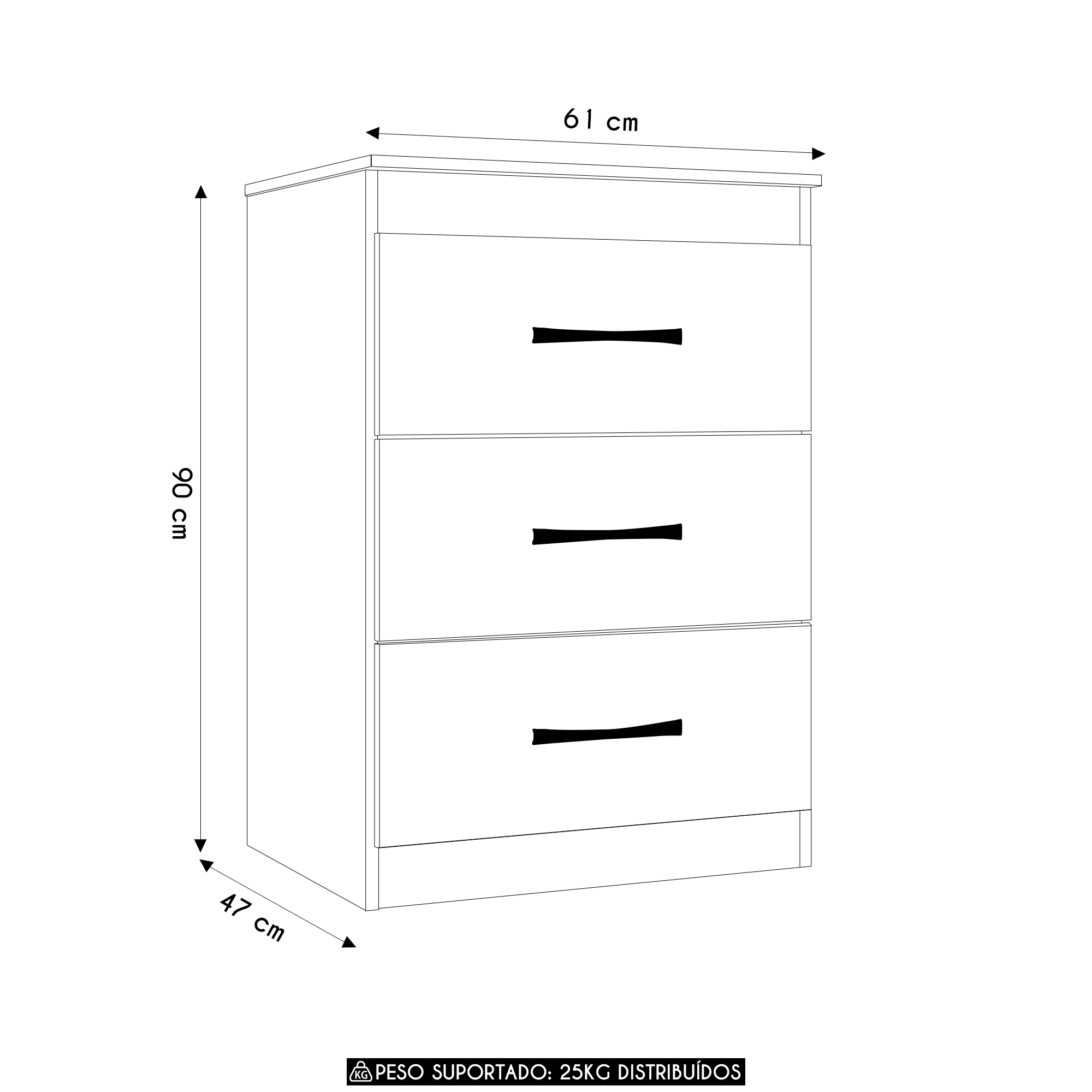 Cômoda Para Quarto 61cm Com 3 Gavetas Nida Branco Z17        - Mpozenato