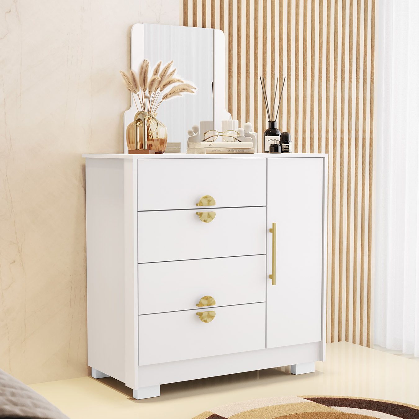 Cômoda Para Quarto 93cm Com Espelho Nara Flex Branco V02 - Mpozenato