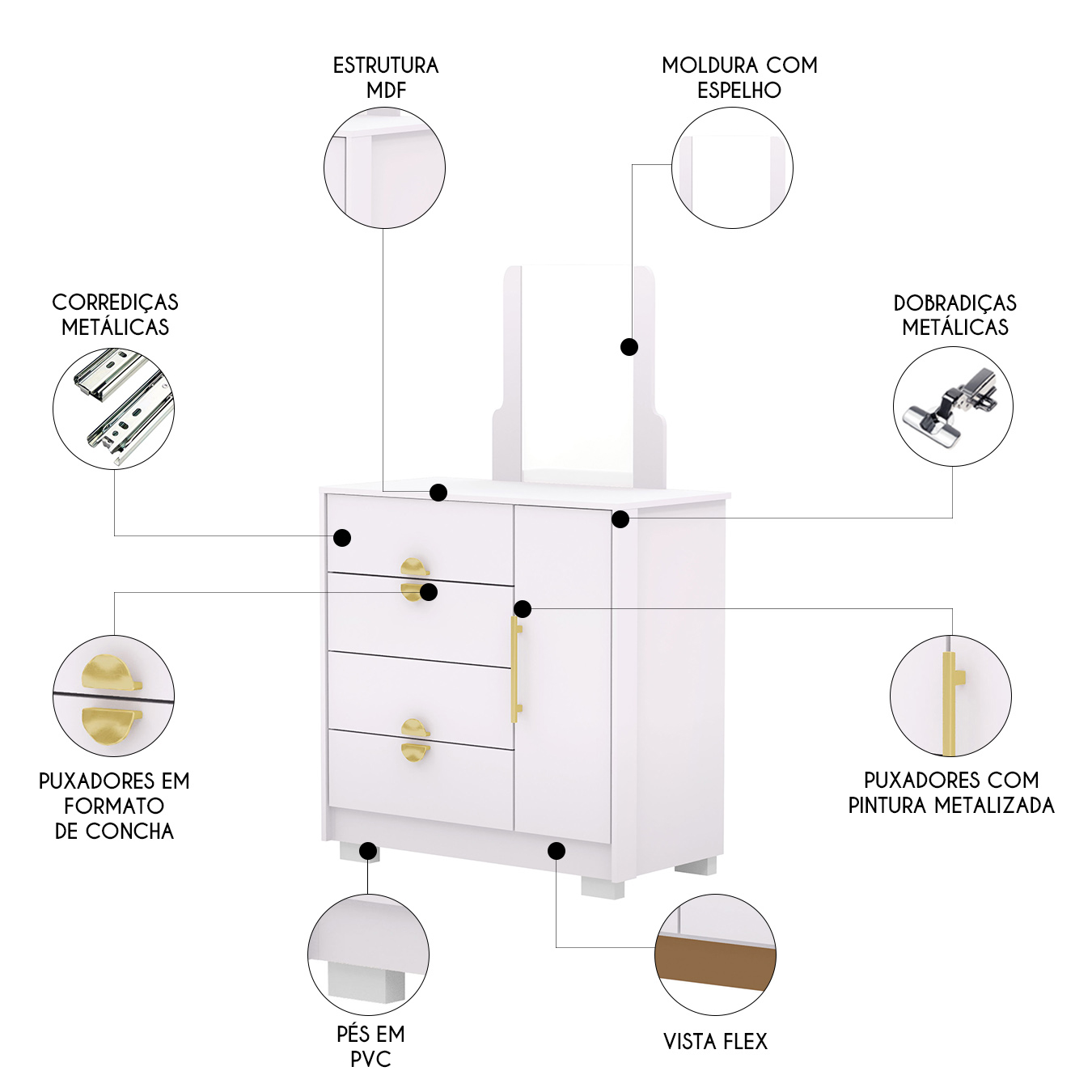 Cômoda Para Quarto 93cm Com Espelho Nara Flex Branco V02 - Mpozenato