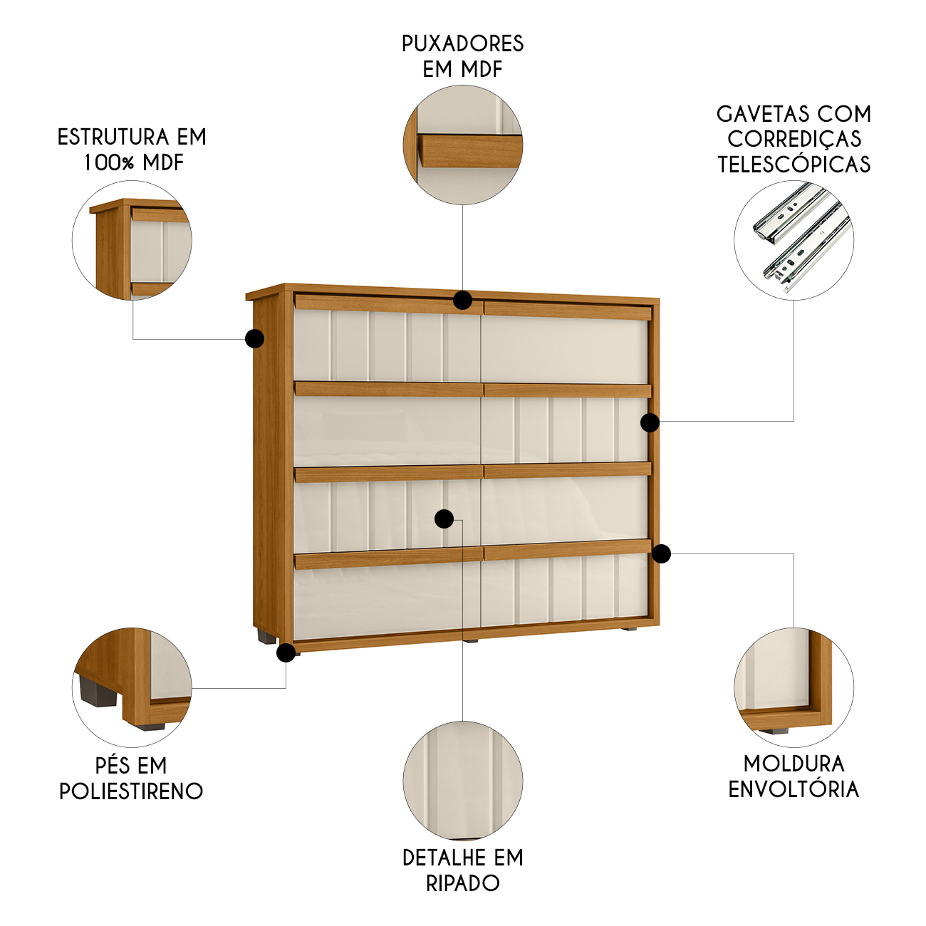 Cômoda Para Quarto Com 8 Gavetas 136cm Avila Off/Cinamomo Z10 - Mpozenato
