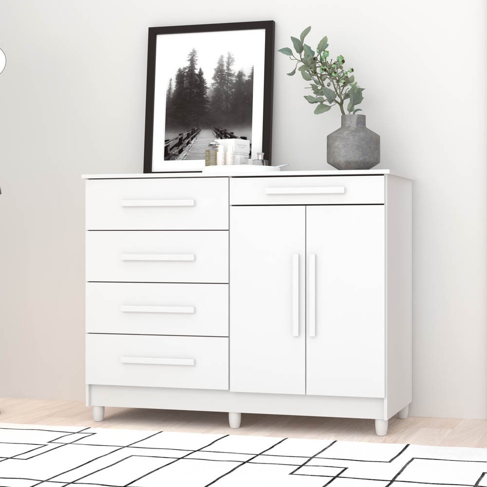 Cômoda para Quarto com Sapateira 2 Portas 4 Gavetas Lírio V02 Branco - Mpozenato