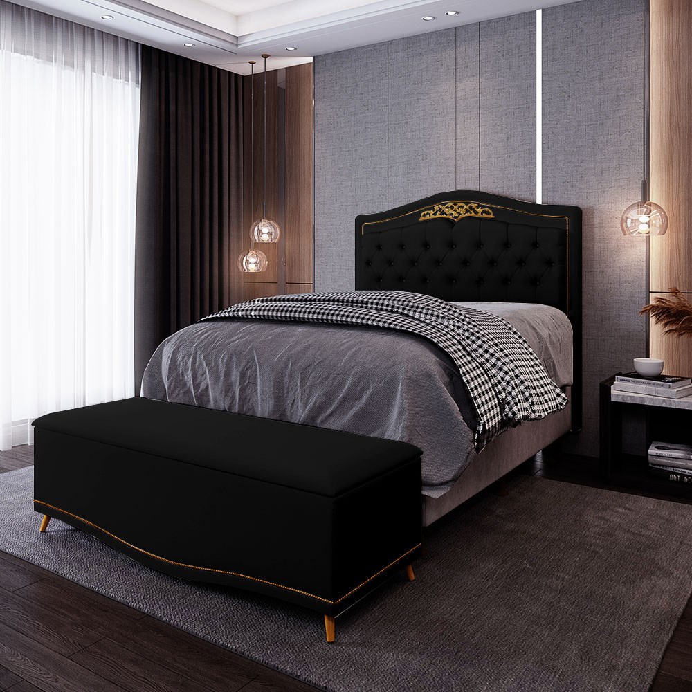 Cabeceira Cama Box Casal 140cm Com Calçadeira Baú Imperial J02 Sintético Preto - Mpozenato