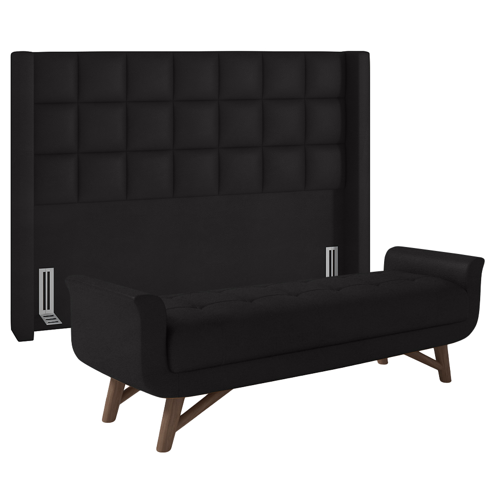 Cabeceira Cama Box Casal 140cm Pisa e Recamier Neville P02 Sintético Preto - Mpozenato
