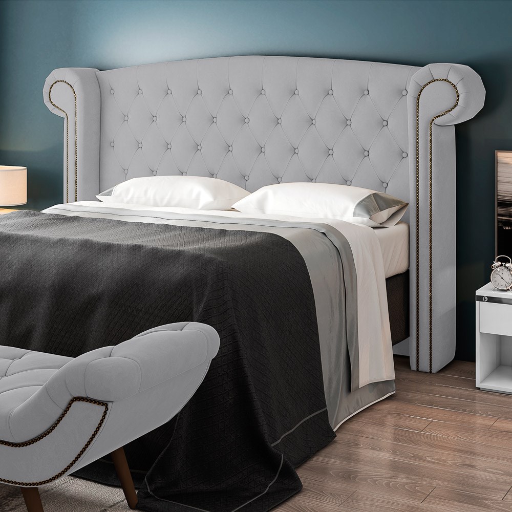 Cabeceira Cama Box Casal 140cm Provença com Calçadeira Vêneto Z37 Veludo Cinza - Mpozenato