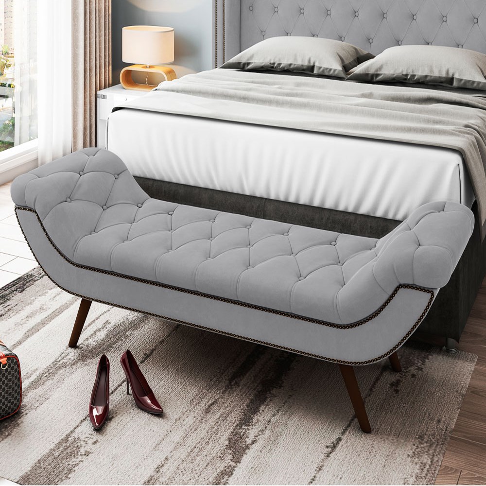Cabeceira Cama Box Casal 140cm Provença com Calçadeira Vêneto Z37 Veludo Cinza - Mpozenato