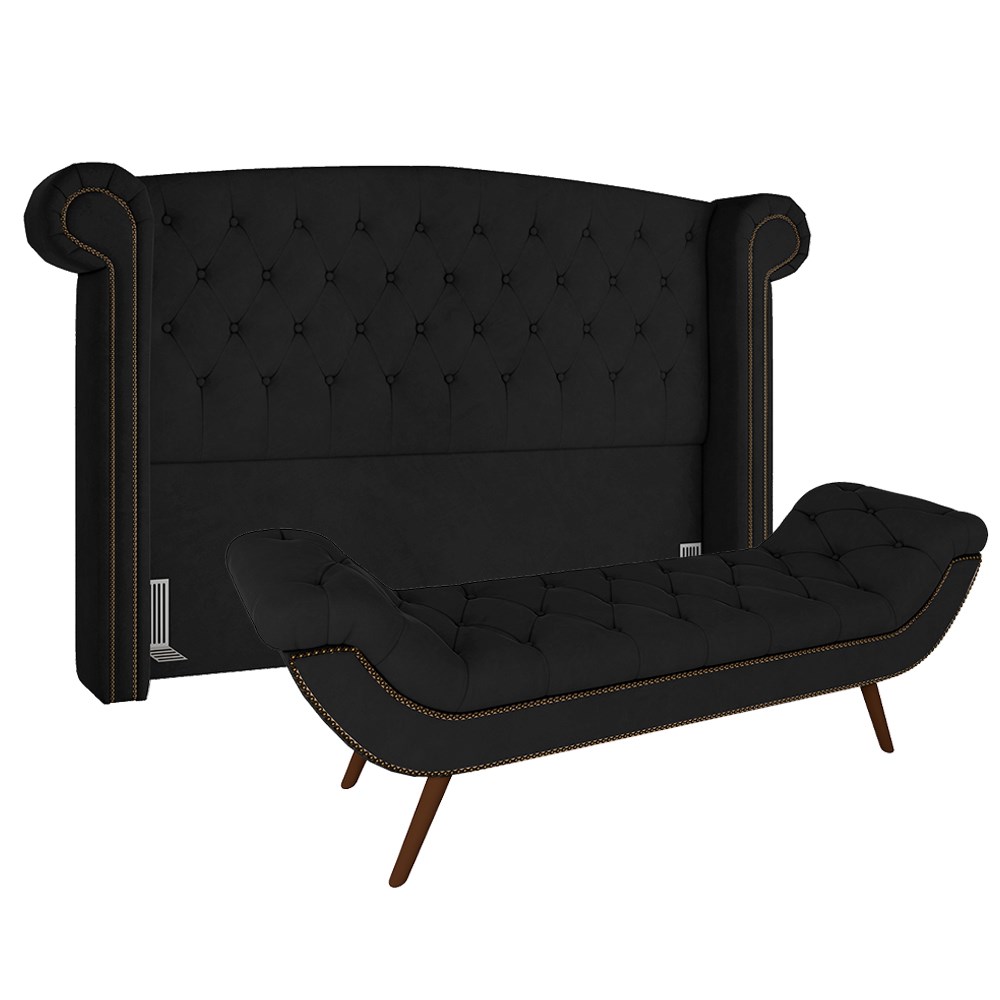 Cabeceira Cama Box Casal 140cm Provença com Calçadeira Vêneto Z37 Veludo Preto - Mpozenato