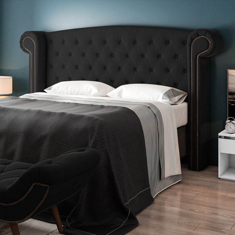 Cabeceira Cama Box Casal 140cm Provença com Calçadeira Vêneto Z37 Veludo Preto - Mpozenato