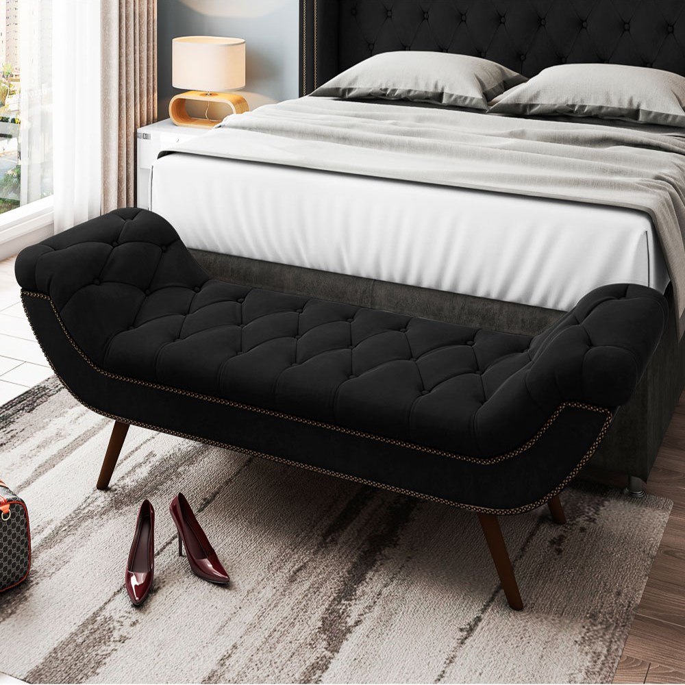 Cabeceira Cama Box Casal 140cm Provença com Calçadeira Vêneto Z37 Veludo Preto - Mpozenato