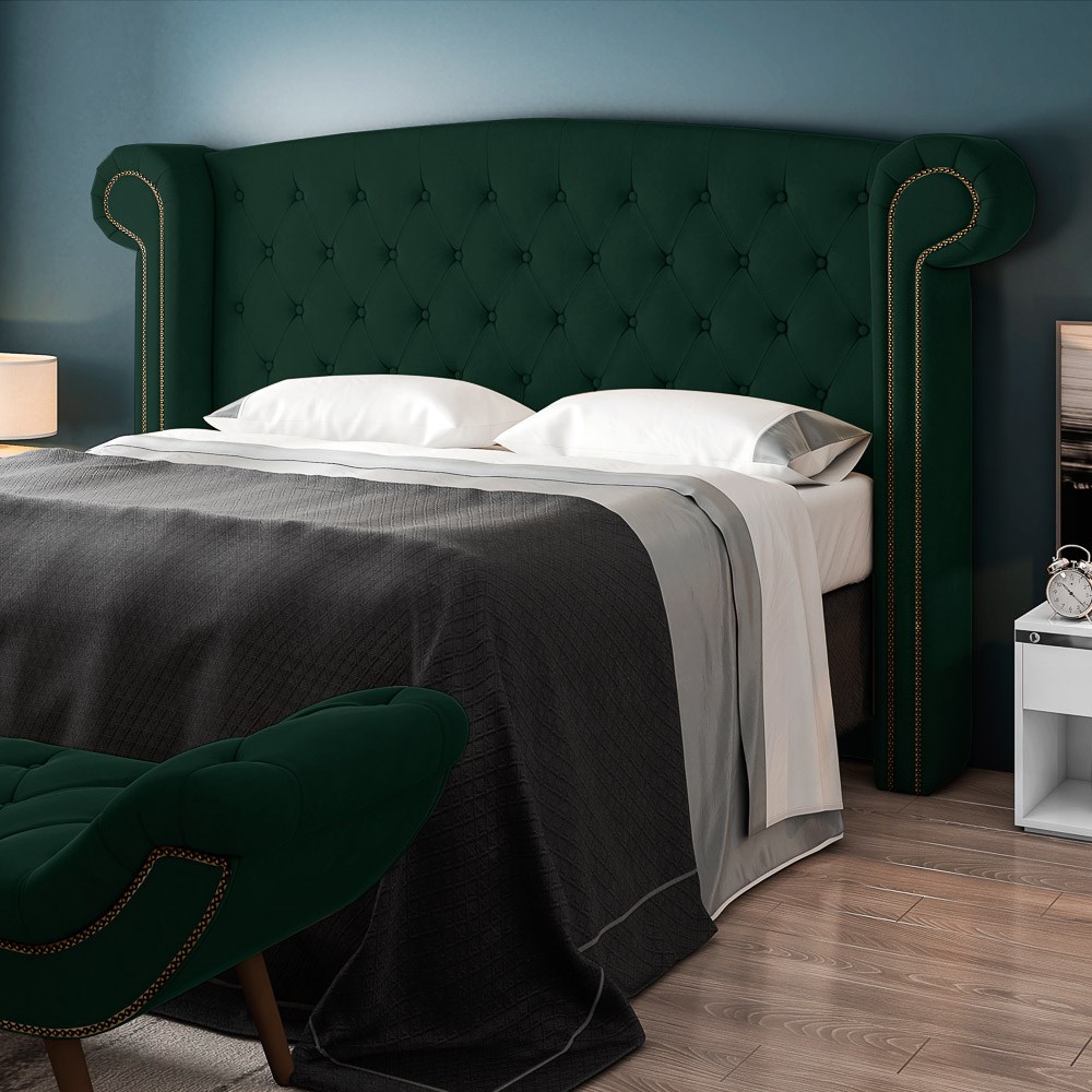 Cabeceira Cama Box Casal 140cm Provença com Calçadeira Vêneto Z37 Veludo Verde Musgo - Mpozenato