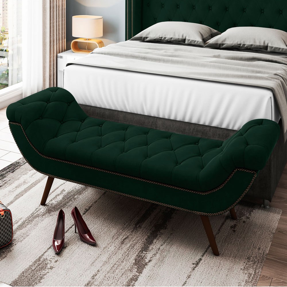 Cabeceira Cama Box Casal 140cm Provença com Calçadeira Vêneto Z37 Veludo Verde Musgo - Mpozenato