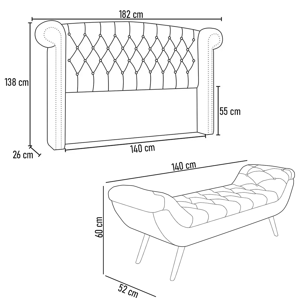 Cabeceira Cama Box Casal 140cm Provença e Recamier Veneto P02 Sintético Marrom - Mpozenato