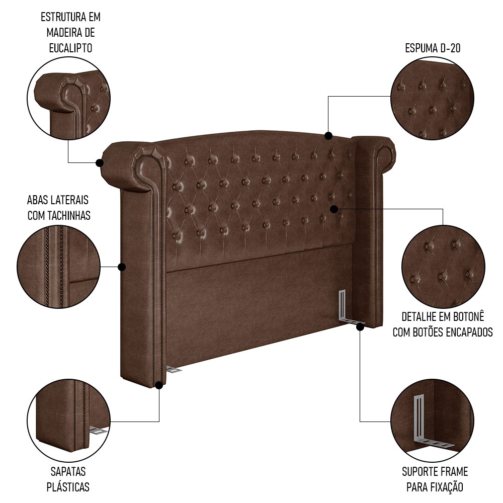 Cabeceira Cama Box Casal 140cm Provença e Recamier Veneto P02 Sintético Marrom - Mpozenato