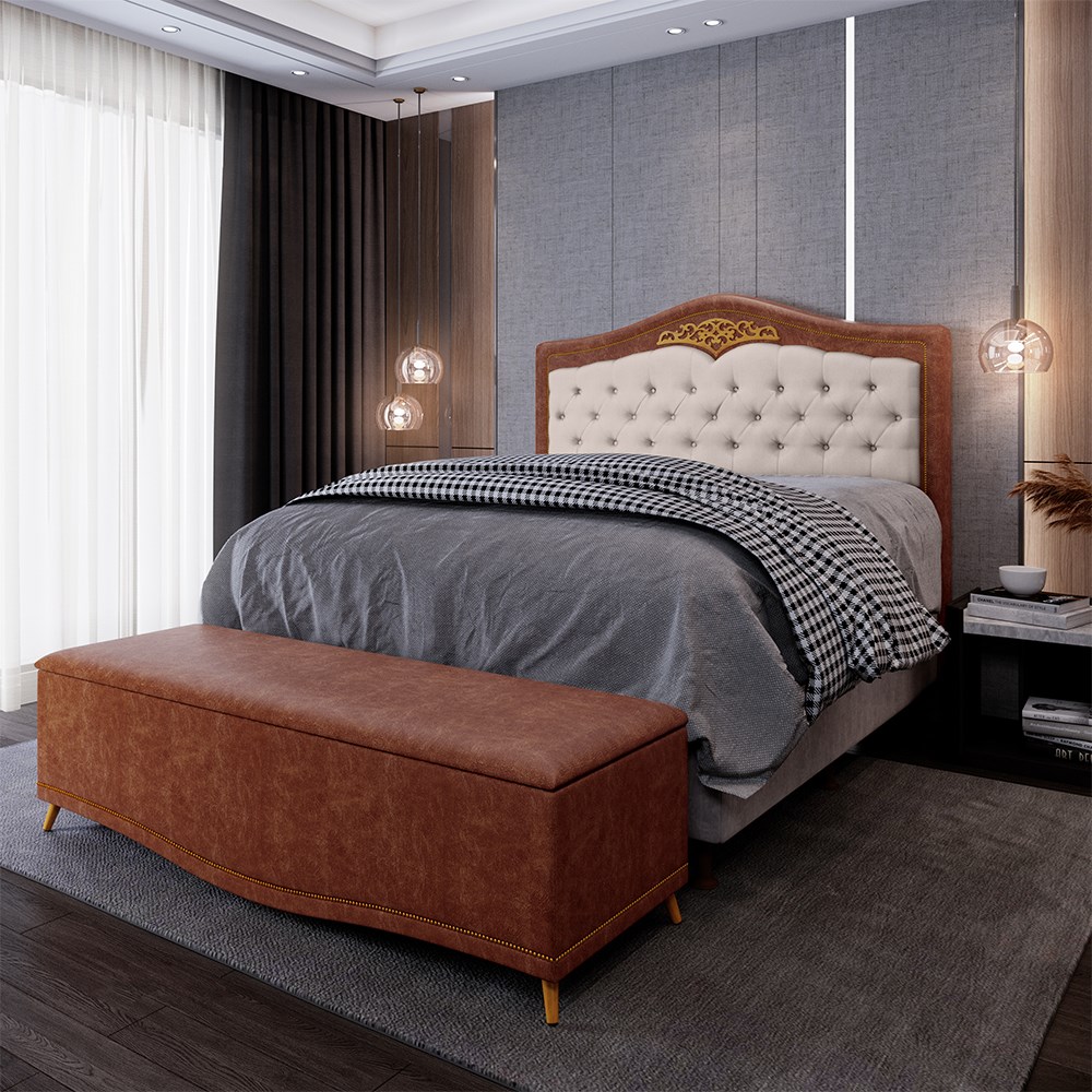 Cabeceira Cama Box Casal King 195cm Com Calçadeira Baú Imperial J02 Facto Marrom/Bege - Mpozenato