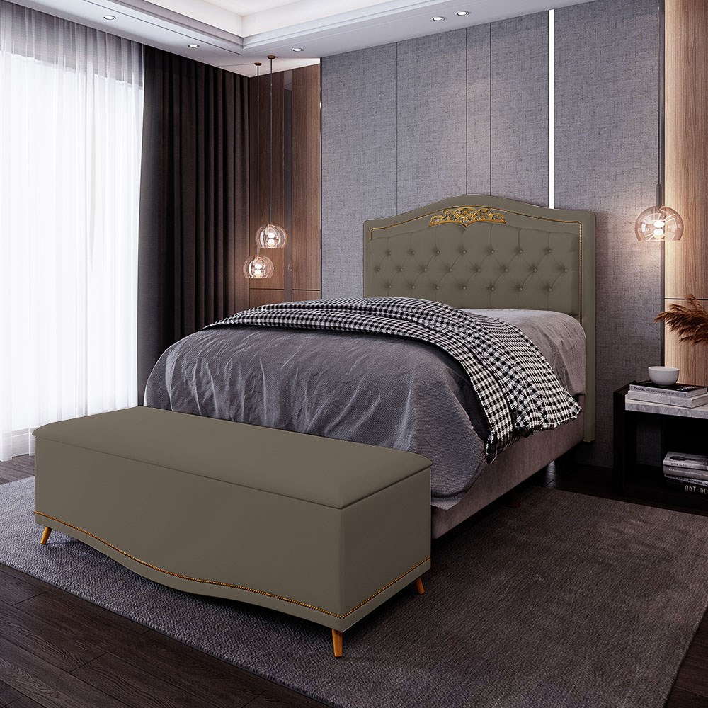 Cabeceira Cama Box Casal King 195cm Com Calçadeira Baú Imperial J02 Sintético Areia - Mpozenato