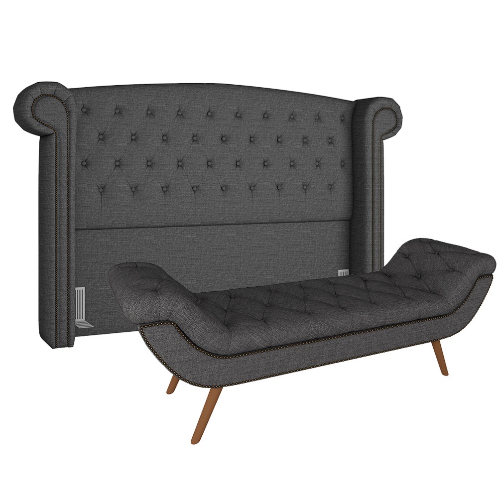 Cabeceira Cama Box Casal King 195cm Provença com Calçadeira Vêneto Z37 Linho Chumbo - Mpozenato