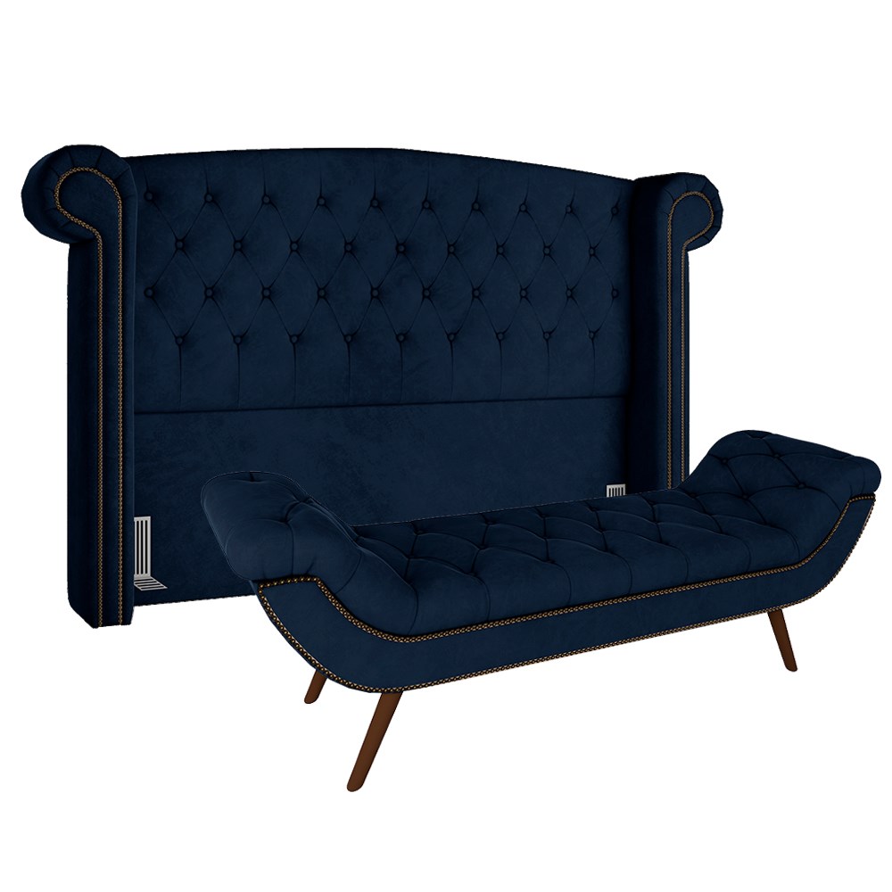 Cabeceira Cama Box Casal King 195cm Provença com Calçadeira Vêneto Z37 Veludo Azul Marinho - Mpozenato