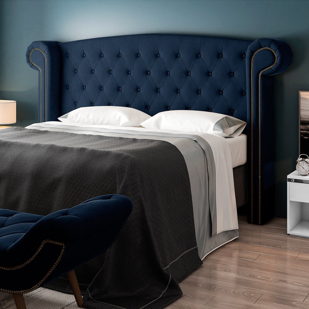 Cabeceira Cama Box Casal King 195cm Provença com Calçadeira Vêneto Z37 Veludo Azul Marinho - Mpozenato