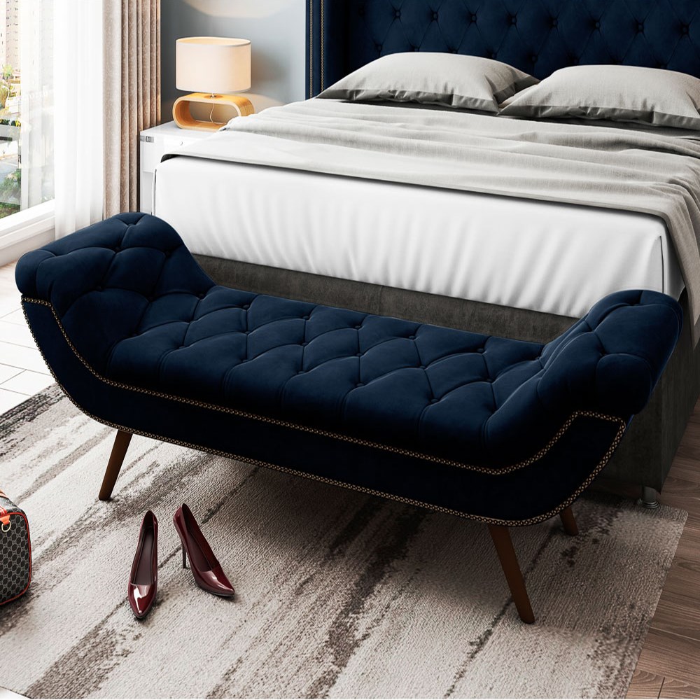 Cabeceira Cama Box Casal King 195cm Provença com Calçadeira Vêneto Z37 Veludo Azul Marinho - Mpozenato