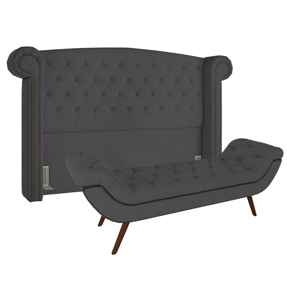 Cabeceira Cama Box Casal King 195cm Provença com Calçadeira Vêneto Z37 Veludo Chumbo - Mpozenato